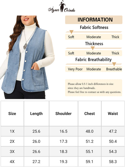 Women's Plus Size Sleeveless Denim Vest Button Down V Neck Jean Waistcoat Vests