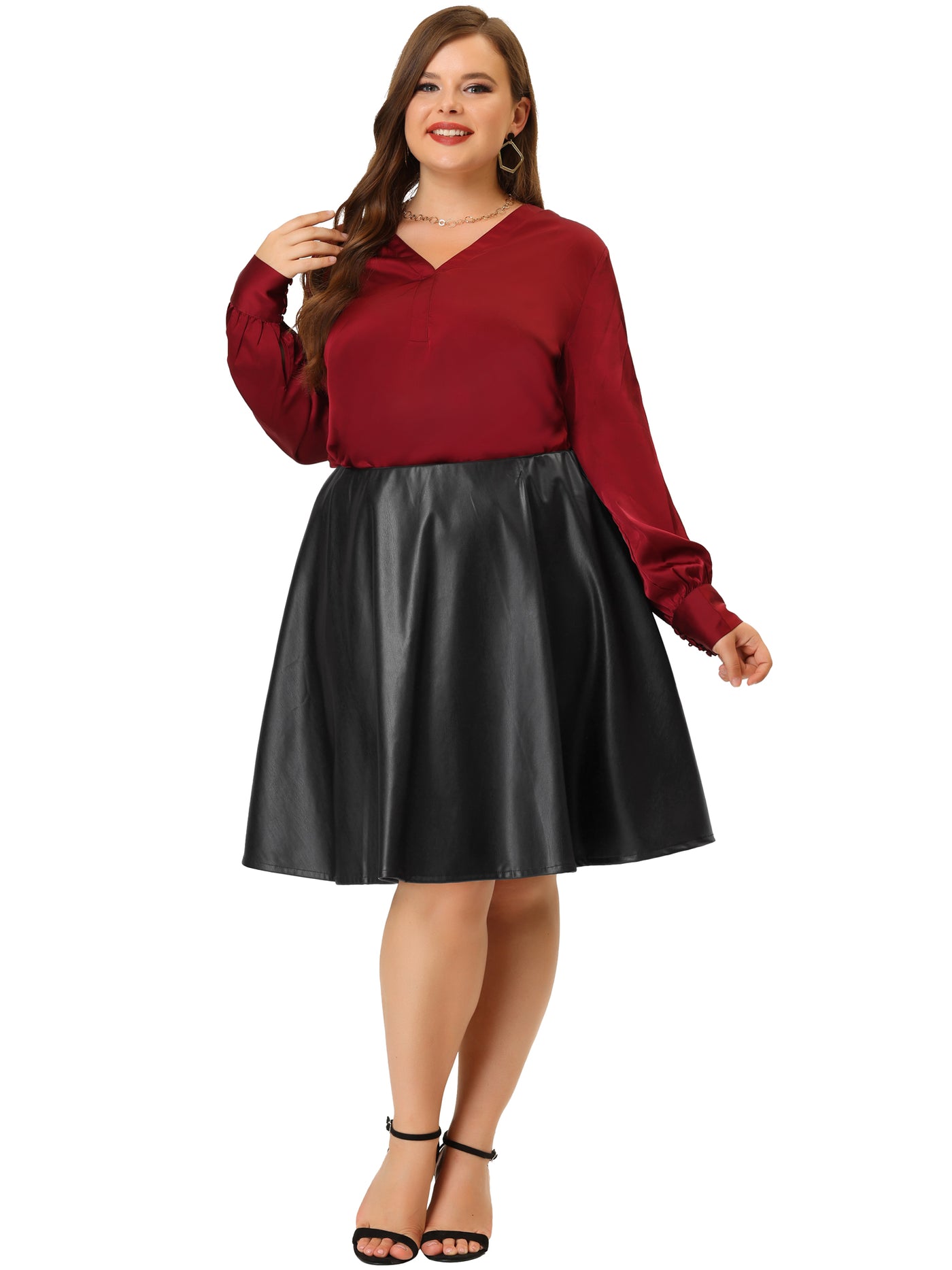 Bublédon Fit And Flare Faux Leather Elastic Waist Skirt