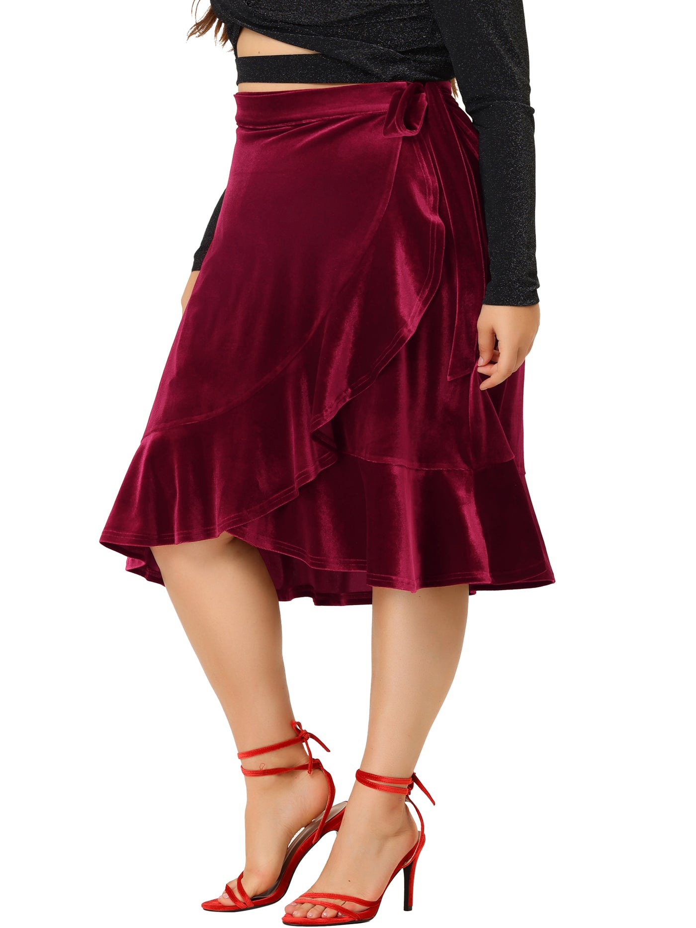 Bublédon Women's Plus Size Skirt Ruffled Hem Velvet Wrap Skirts