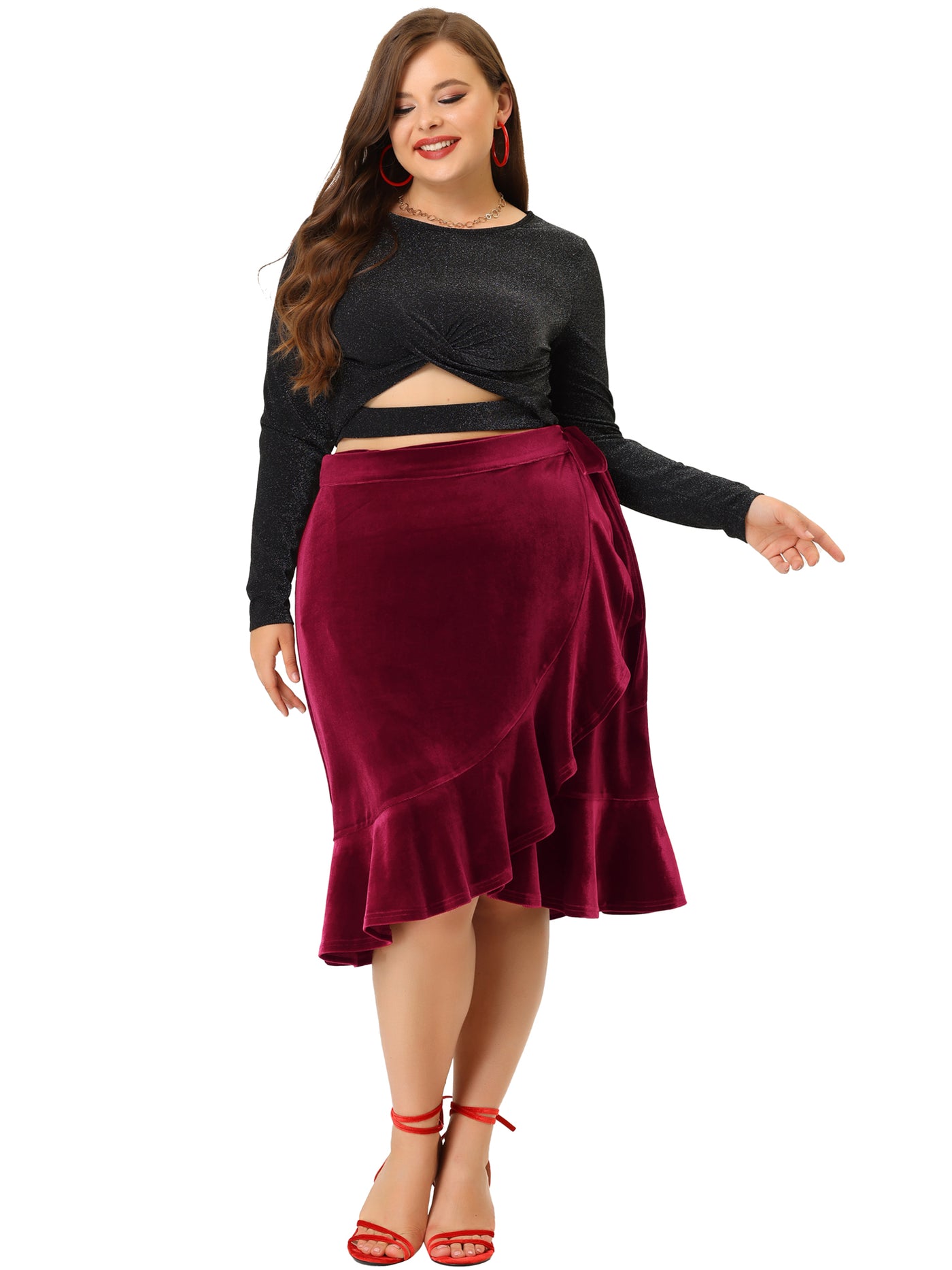 Bublédon Women's Plus Size Skirt Ruffled Hem Velvet Wrap Skirts