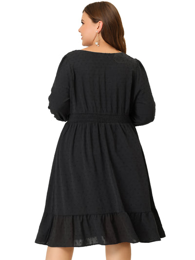 X Line Woven 3/4 Sleeve Swiss Dot Smock Waist Dress