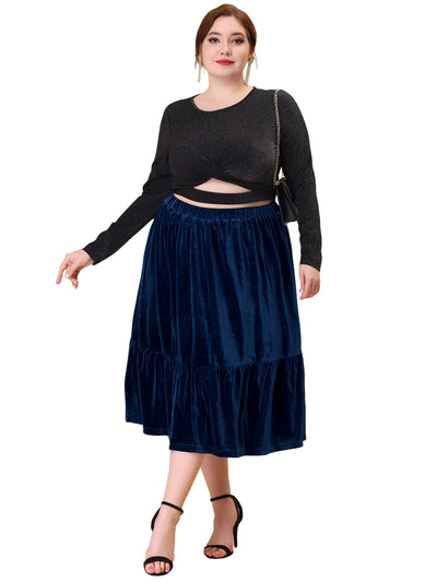 A Line Velvet Elastic Waist Ruffle Hem Skirt