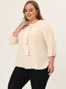 Plus Size Plain Cuff Sleeve Crew Neck Ribbon Blouse
