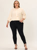 Plus Size Plain Cuff Sleeve Crew Neck Ribbon Blouse