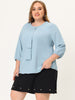 Plus Size Plain Cuff Sleeve Crew Neck Ribbon Blouse