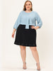 Plus Size Plain Cuff Sleeve Crew Neck Ribbon Blouse
