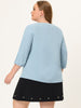 Plus Size Plain Cuff Sleeve Crew Neck Ribbon Blouse