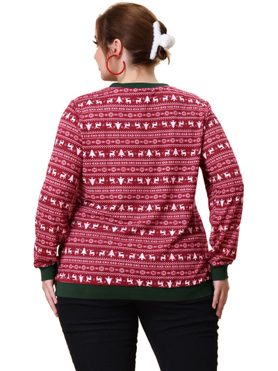 Women's Plus Size Knit Top Round Neck Contrast Color Long Sleeve Xmas Blouses