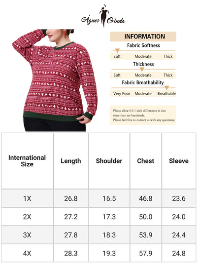 Women's Plus Size Knit Top Round Neck Contrast Color Long Sleeve Xmas Blouses