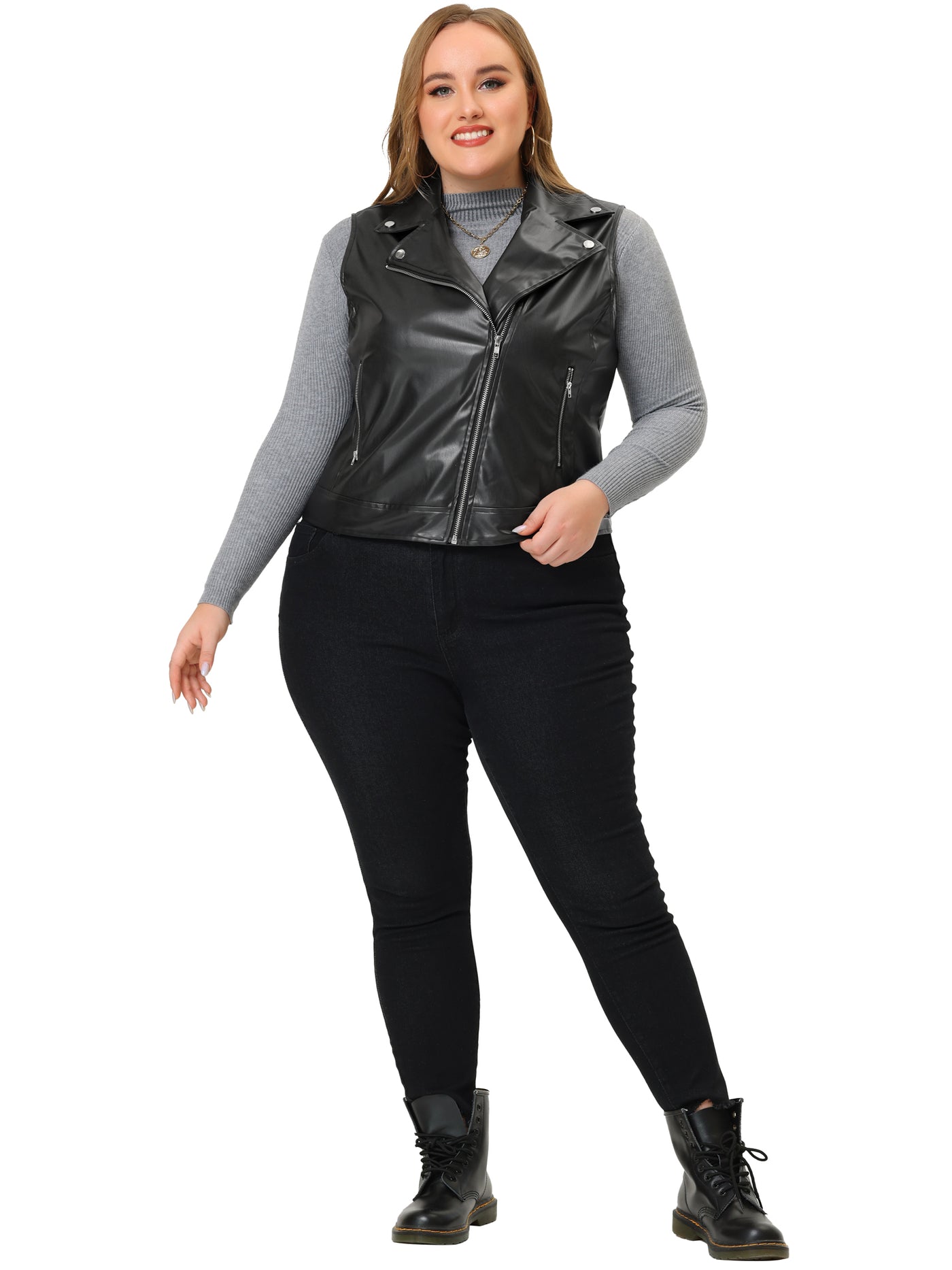 Bublédon Plus Size Leather Motorcycle Vest for Women Zip Up Notch Lapel Riding Club Black Biker Vests Jacket
