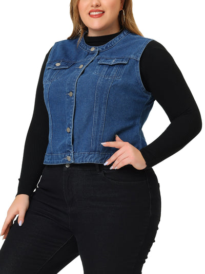 Plus Size Denim for Women Button Down Collarless Jean Vest