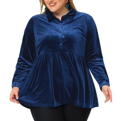 Women's Plus Size Velvet Tops Long Sleeve Button Down Casual Babydolls Shirts