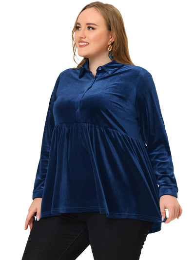 Women's Plus Size Velvet Tops Long Sleeve Button Down Casual Babydolls Shirts