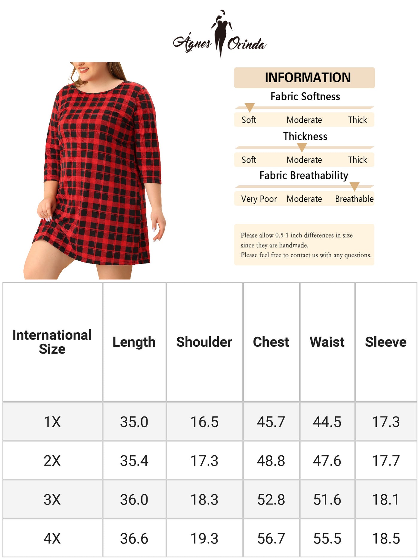 Bublédon Women's Plus Size Sleep Dress Knit 3/4 Sleeve Plaid Midi Pajamas