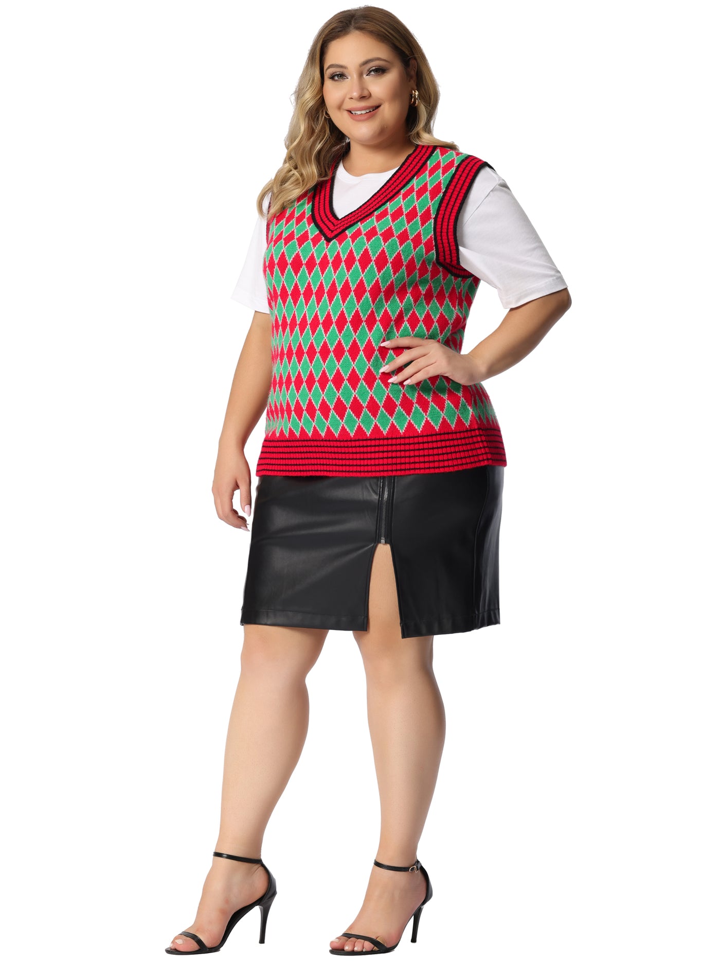 Bublédon Women's Plus Size Sweater Vest Argyle V Neck Knit Sleeveless Sweaters
