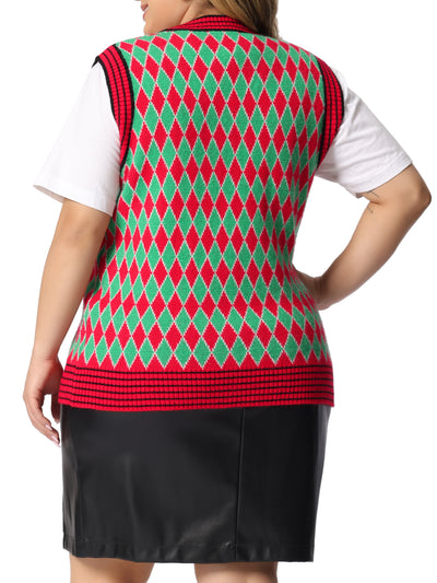 Women's Plus Size Sweater Vest Argyle V Neck Knit Sleeveless Sweaters