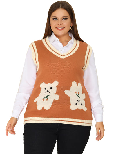 Women's Plus Size Sweater Vest V Neck Bear Knit Sleeveless Pullover Sweaters Vests
