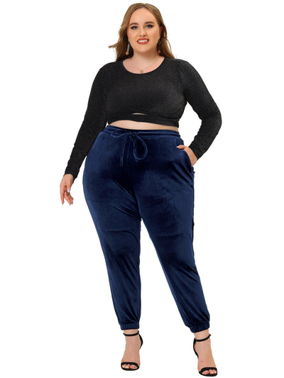 Bublédon Plus Size Velvet Pants for Women Elastic Waist Cuff Casual Pant