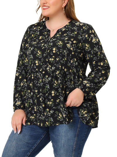 Plus Size Blouses for Women Elegant Floral Printed V Neck Long Sleeve Chiffon Casual Tops