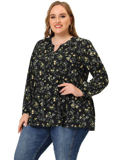 Plus Size Blouses for Women Elegant Floral Printed V Neck Long Sleeve Chiffon Casual Tops