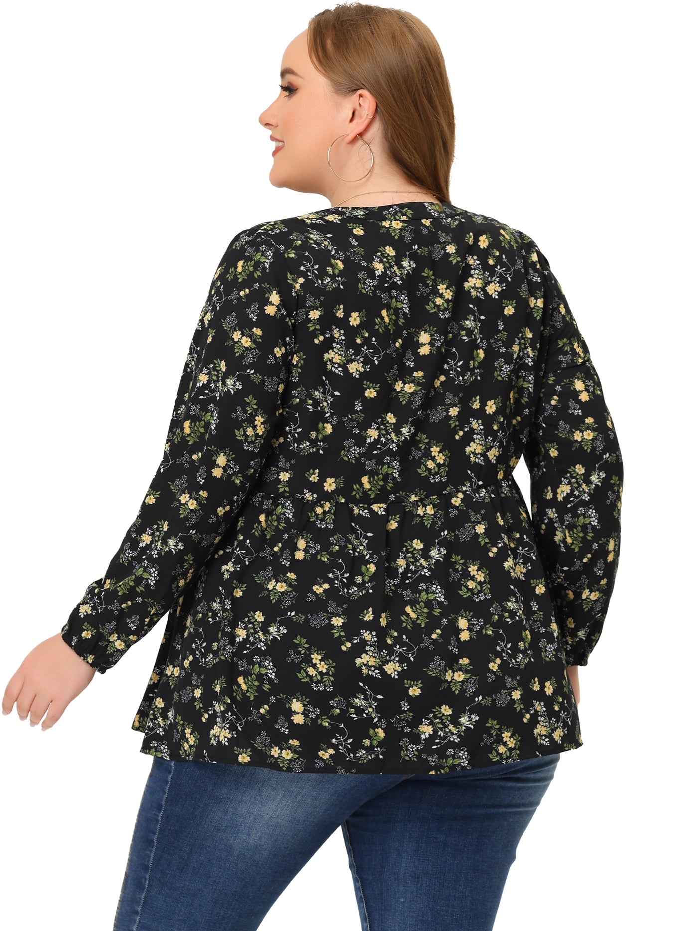 Bublédon Plus Size Blouses for Women Elegant Floral Printed V Neck Long Sleeve Chiffon Casual Tops