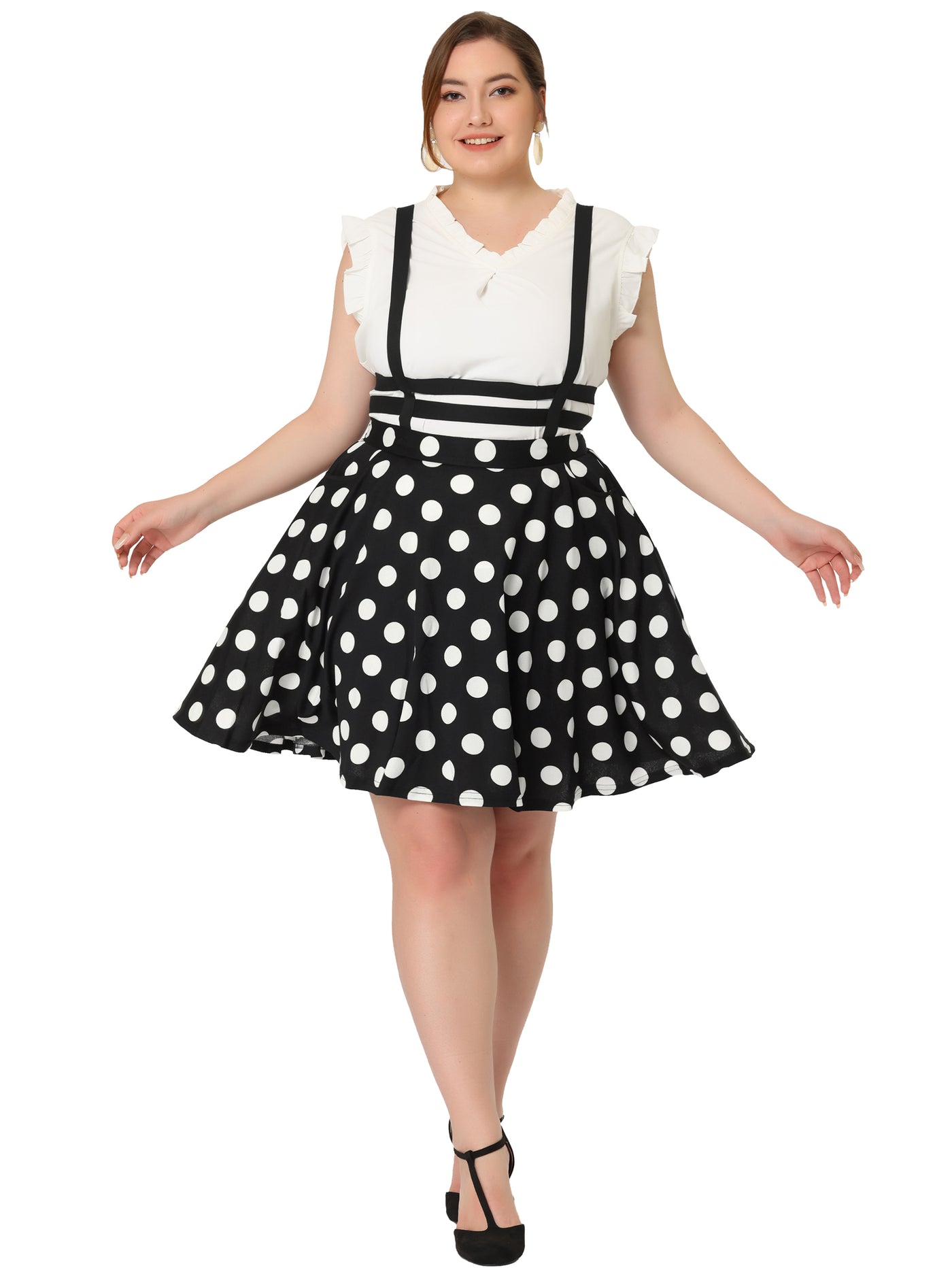 Bublédon Plus Size Suspender Skirt for Women Detachable Strap A-Line Polka Dots Skirts