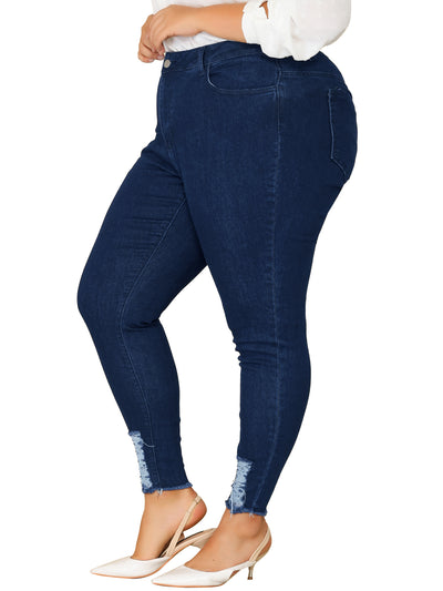 Plus Size Denim Jean for Women Ripped Mid Rise Stretch Washed Skinny Jeans
