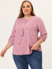 Plus Size Plain Cuff Sleeve Crew Neck Ribbon Blouse