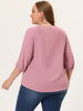 Plus Size Plain Cuff Sleeve Crew Neck Ribbon Blouse