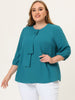 Plus Size Plain Cuff Sleeve Crew Neck Ribbon Blouse