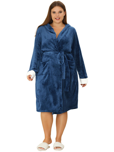 Bublédon Plus Size Faux Fur Fleece Hood Warm Plush Flannel Robe Nightgown