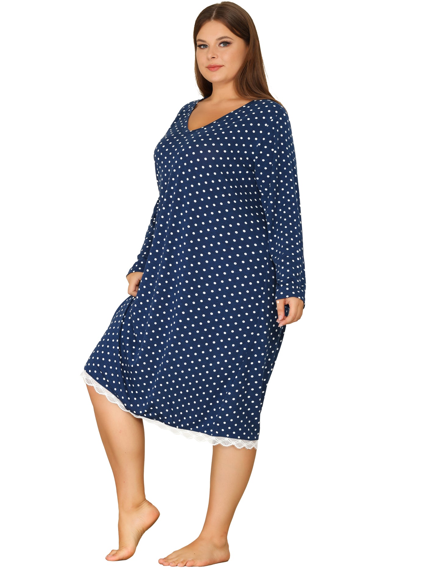 Bublédon Women's Plus Size Sleepwear Polka Dots Lace Long Sleeve Nightgown
