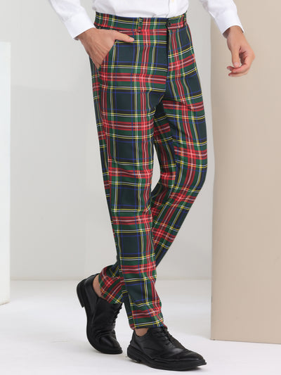 Men's Regular Fit Flat Front Classic Elastic Waist Suit Plaid Pants