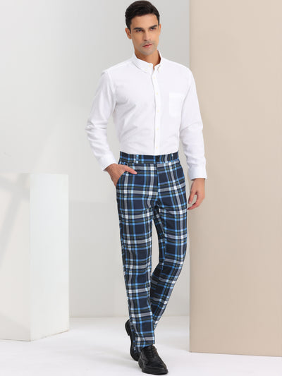 Men's Regular Fit Flat Front Classic Elastic Waist Suit Plaid Pants