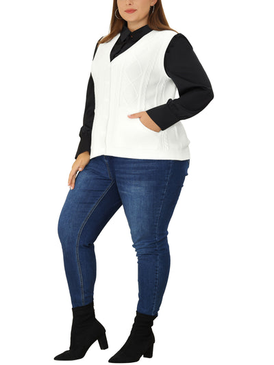Bublédon Plus Size Cable Knit Sweater Vest for Women Button Sleeveless Pocket Cardigan Vests Outwear