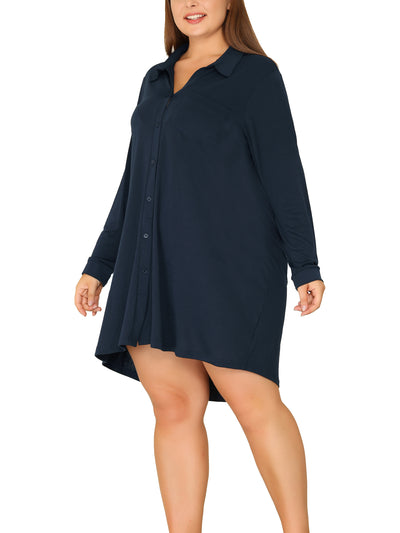 Bublédon Women's Plus Size Nightshirt Long Sleeve Button Down Nightgown V-Neck Sleepwear Pajama Dress