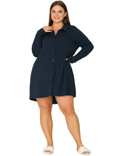 Women's Plus Size Nightshirt Long Sleeve Button Down Nightgown V-Neck Sleepwear Pajama Dress