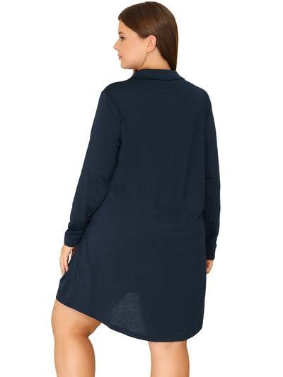 Women's Plus Size Nightshirt Long Sleeve Button Down Nightgown V-Neck Sleepwear Pajama Dress
