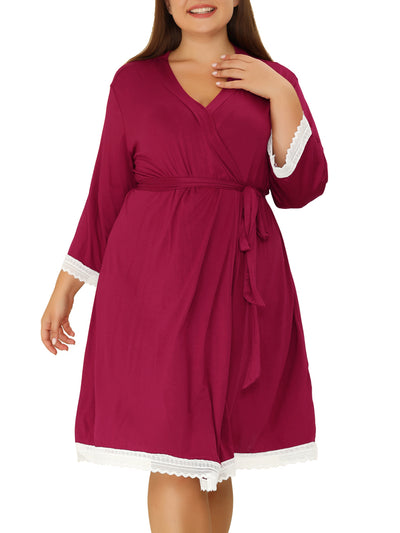 Women's Plus Size Nightgown Wrap Bathrobe Tie Belt Lace Trim 3/4 Sleeve Pajama