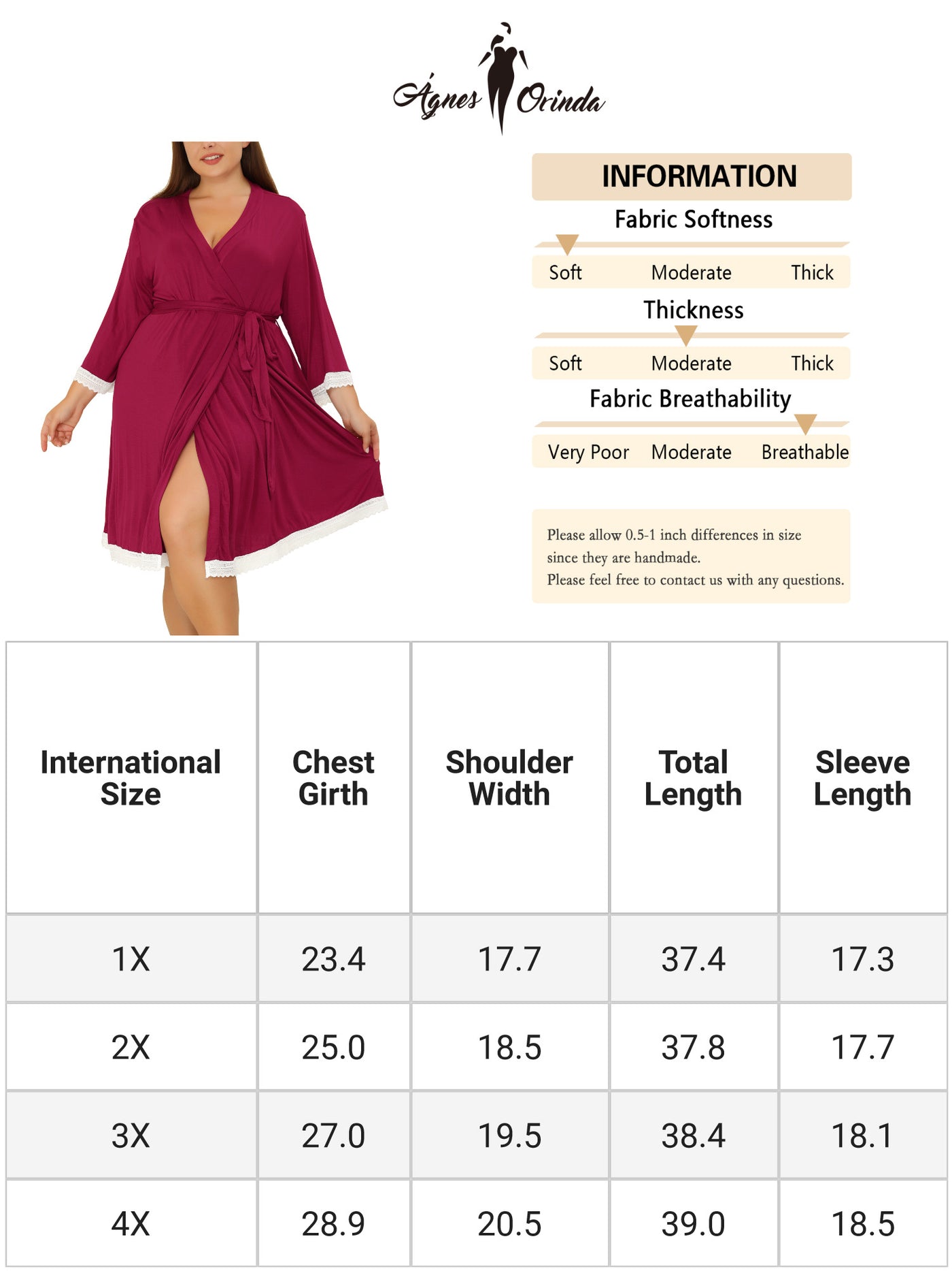 Bublédon Women's Plus Size Nightgown Wrap Bathrobe Tie Belt Lace Trim 3/4 Sleeve Pajama
