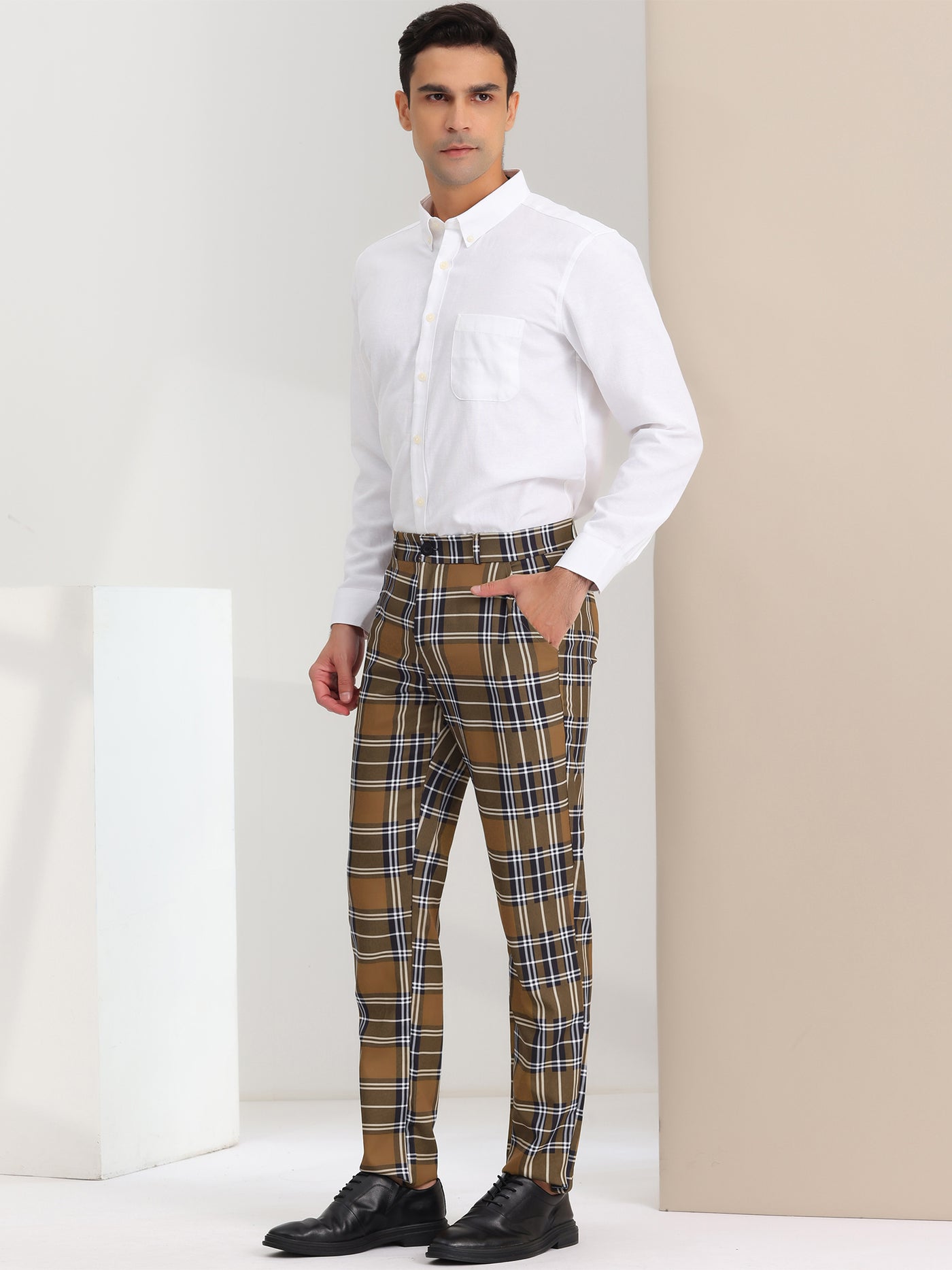Bublédon Men's Plaid Slacks Regular Fit Flat Front Work Prom Checked Pants