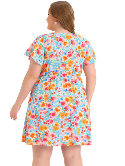 X Line Woven V Neck Knee Length Floral Dress