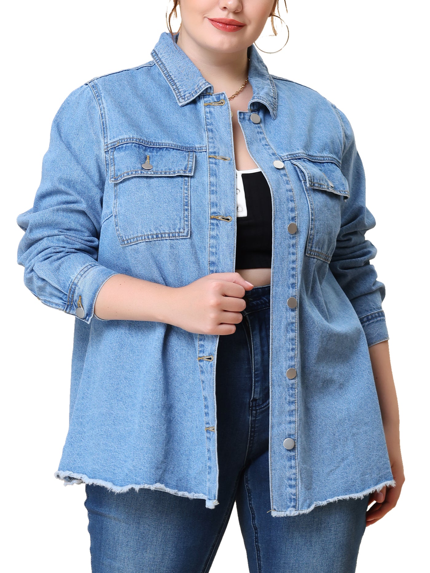 Bublédon Women's Plus Size Jacket Casual Washed Frayed Denim Jackets