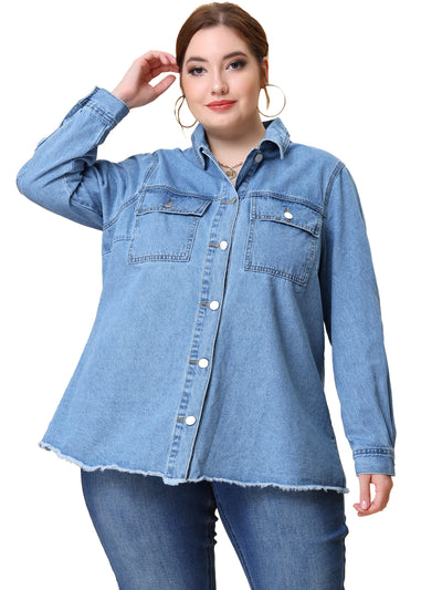 Women's Plus Size Jacket Casual Washed Frayed Denim Jackets