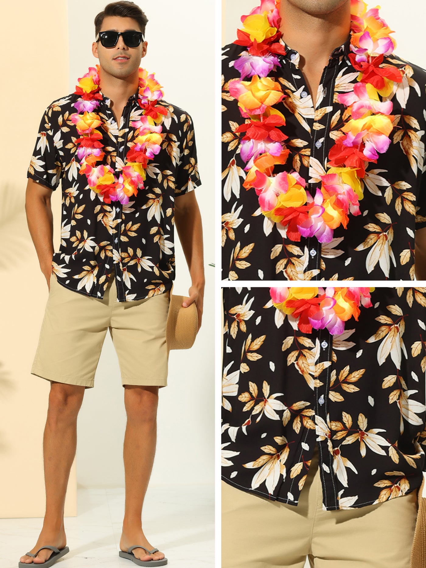 Bublédon Hawaiian Leaf Print Shirts for Men's Button Down Short Sleeve Summer Pattern Shirt