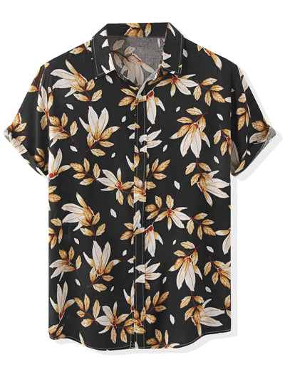 Hawaiian Leaf Print Shirts for Men's Button Down Short Sleeve Summer Pattern Shirt