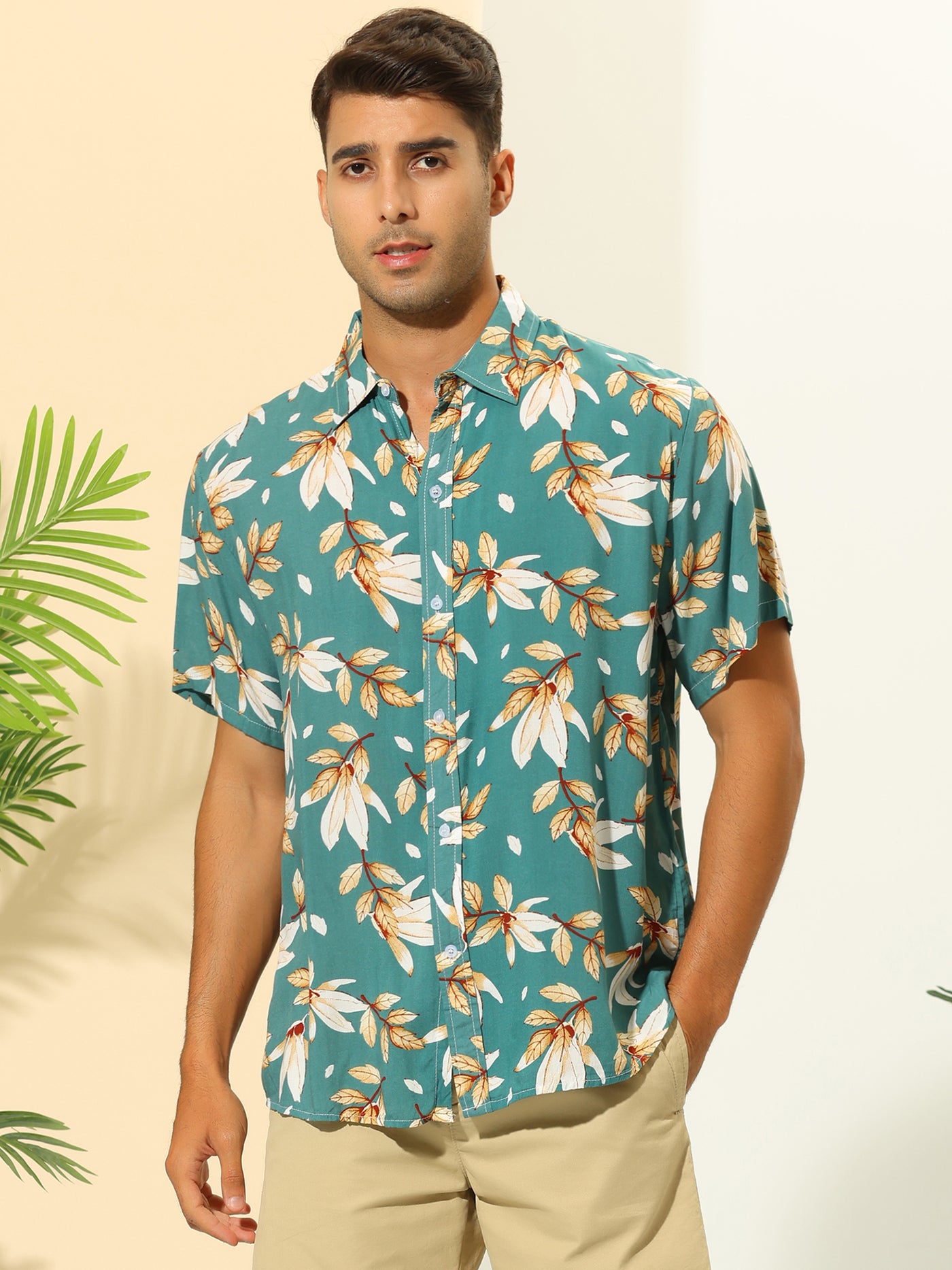 Bublédon Hawaiian Leaf Print Shirts for Men's Button Down Short Sleeve Summer Pattern Shirt