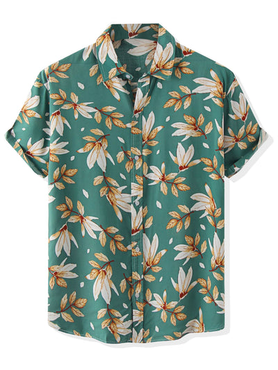Hawaiian Leaf Print Shirts for Men's Button Down Short Sleeve Summer Pattern Shirt