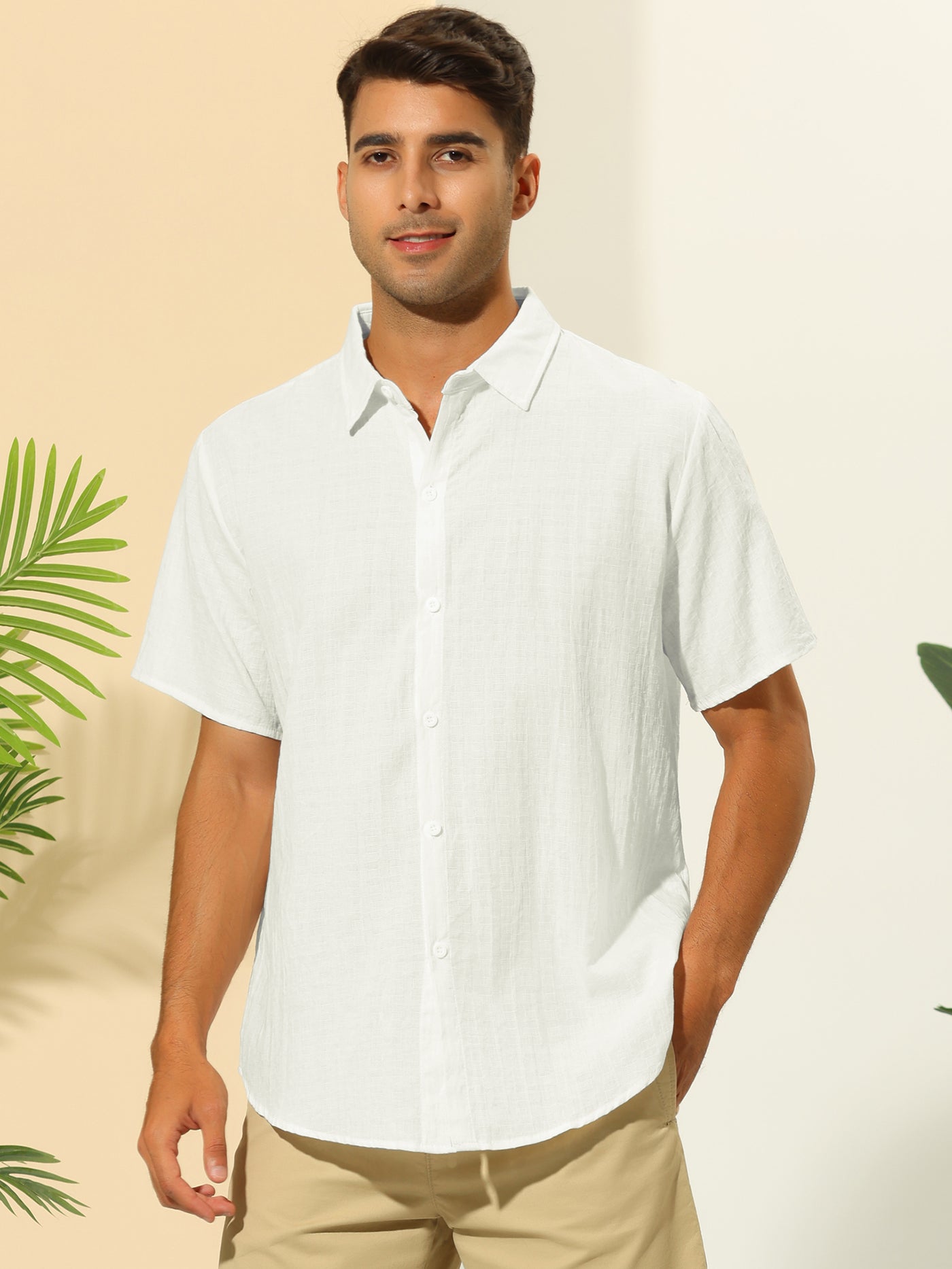 Bublédon Summer Shirts for Men's Solid Color Short Sleeve Point Collar Beach Hawaiian Shirt