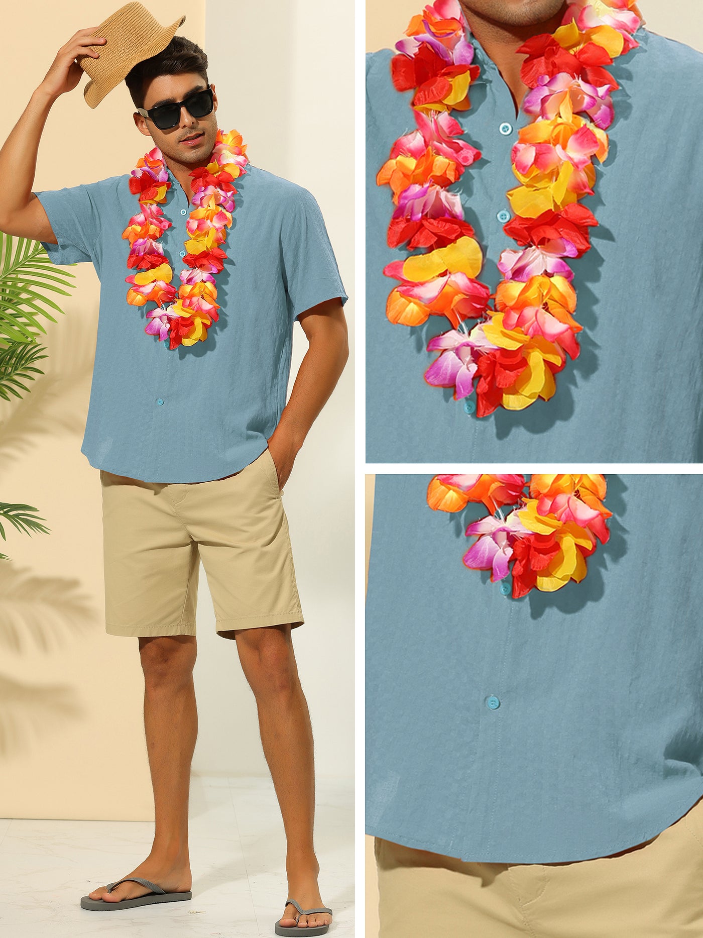 Bublédon Summer Shirts for Men's Solid Color Short Sleeve Point Collar Beach Hawaiian Shirt